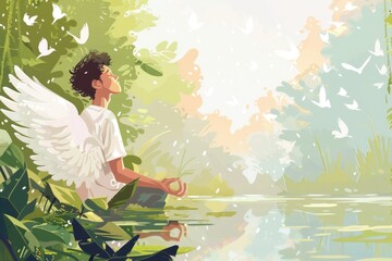 Aufkleber - Peaceful man meditating in lotus position by water. Suitable for relaxation and mindfulness concepts