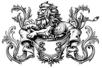 Aufkleber - Black and white drawing of a lion holding a shield. Suitable for various design projects