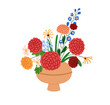 Flower bouquet in vase. Beautiful floral arrangement, summer blooms, delicate garden and field blossoms. Different gentle wildflowers mix. Flat vector illustration isolated on white background