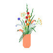 Field flower bouquet in vase. Floral arrangement. Mixed wildflowers bunch, gentle blossom branches. Summer meadow blooming plants, decoration. Flat vector illustration isolated on white background