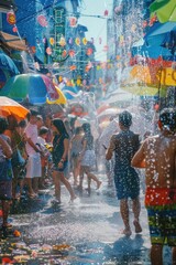 Poster - Group of people under umbrellas in the rain. Suitable for weather-related concepts