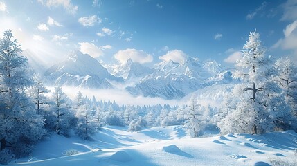 Wall Mural - Snowy landscape in the early morning light, copy space