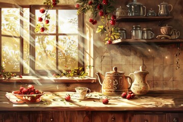 Aufkleber - A painting of a kitchen with a window and fruit on the counter. Suitable for interior design projects