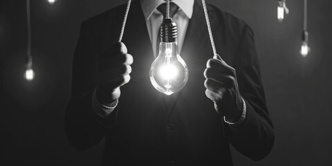 Poster - A man in a suit holding a light bulb, suitable for business concepts