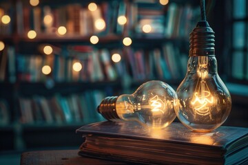 Poster - Two light bulbs resting on a book, ideal for educational concepts