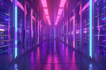 Wall Mural - Rows of servers in a long hallway with neon lights. Perfect for technology concepts