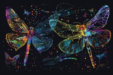 Poster - Group of vibrant dragonflies on a dark backdrop. Perfect for nature-themed designs