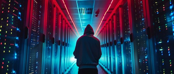 Canvas Print - Hacker in a hoodie standing in the middle of a data center full of rack servers.