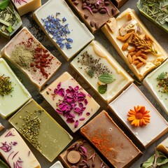 Poster - A collection of different types of soap bars. Perfect for hygiene and skincare concepts