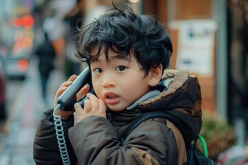 Poster - A young boy talking on a cell phone, suitable for technology concepts