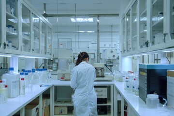 Poster - A woman in a lab coat standing in front of a counter. Perfect for scientific and medical concepts