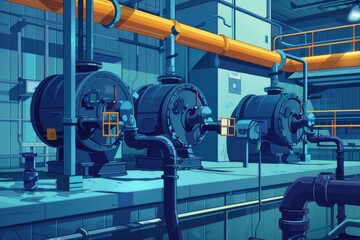 Poster - Industrial pipes and valves in a factory setting, suitable for manufacturing concepts