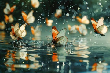 Aufkleber - Group of butterflies flying over a serene body of water. Ideal for nature and wildlife themes