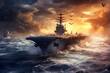 Naval battle of a military aircraft carrier with fighter jets. Army technology, weapons battle duel. AI generated.