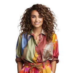 Front view close up of a Black African woman dressed in a tie-dye button-up blouse with a burst of colors and wide-leg tie-dye pants, isolated on a white transparent background