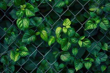 Poster - A chain link fence covered in green leaves, suitable for environmental and nature-themed designs