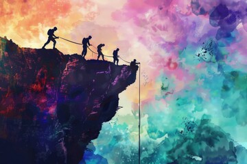 Poster - Group of people standing on top of a cliff, perfect for outdoor adventure concepts
