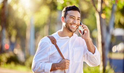 Aufkleber - Businessman, phone call and outdoor with happiness and communication for justice, advocate for legal with tech. Male lawyer, park and mobile with smile for chat with results, attorney in city