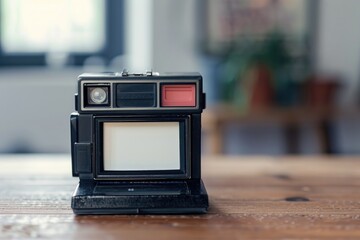 Poster - A camera placed on a wooden table. Suitable for technology concepts