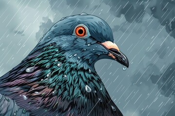 Poster - A bird with striking orange eyes standing in the rain. Suitable for nature and wildlife themes