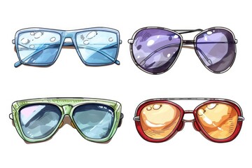 Poster - Set of four different colored sunglasses on a plain white background. Suitable for summer fashion or accessories concept