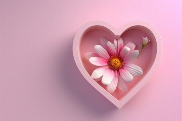 Leinwandbilder - A pink heart-shaped box with a flower inside. Suitable for romantic concepts or Valentine's Day