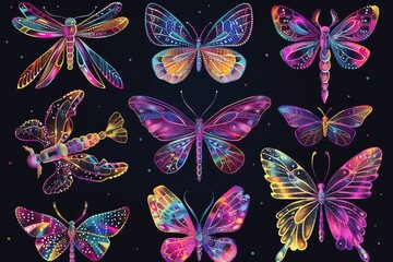Aufkleber - A collection of vibrant butterflies on a dark backdrop. Perfect for nature-themed designs