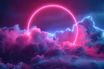Aufkleber - A neon circle in the sky surrounded by clouds. Perfect for futuristic and abstract concepts