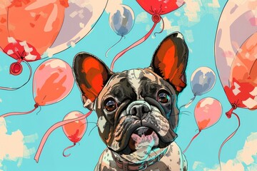 Canvas Print - A painting of a cute dog surrounded by colorful balloons. Perfect for celebrations and pet lovers