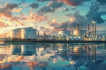 Aufkleber - Oil refinery at sunset reflecting in water. Ideal for industrial, environmental, and energy concepts