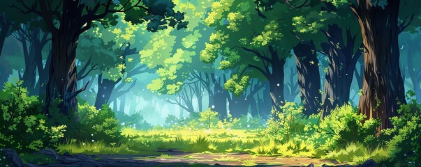 Sticker - anime cartoon style woodland forest background banner, generated ai