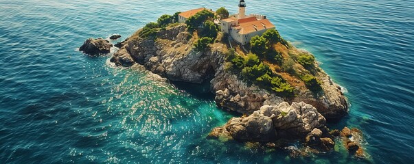 Wall Mural - Aerial drone view of the lonely rocky island with lighthouse in Dubrovnik, Croatia.