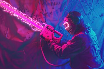Poster - A man wearing a gas mask holding a pink light saber. Suitable for sci-fi or post-apocalyptic themes