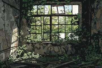 Poster - An image of a window in an abandoned building. Suitable for urban exploration themes