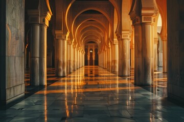 Poster - A long hallway with columns and a clock on the wall. Perfect for business and corporate concepts