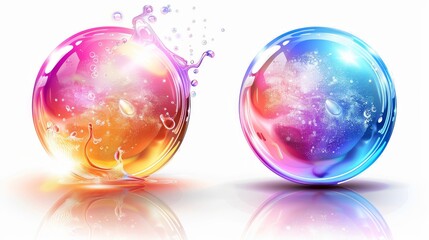 Poster - The deformation and explosion of soap bubbles from a blowing wind are modern illustrations isolated on a white background.