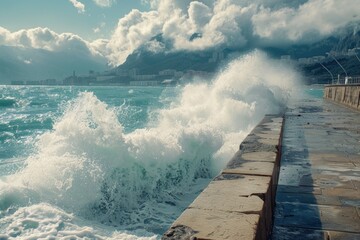 Poster - Powerful wave hitting a solid stone barrier, suitable for nature and power concepts