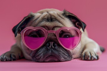 Canvas Print - Cute pug dog wearing heart shaped sunglasses on a pink background. Perfect for Valentine's Day promotions