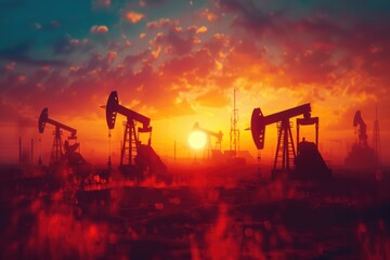 Aufkleber - Oil pumps in field with setting sun, suitable for energy industry concepts
