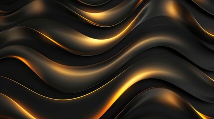 Poster - Wavy black gold metallic banner with a realistic modern illustration. Black matte background with curved lines of golden metal.