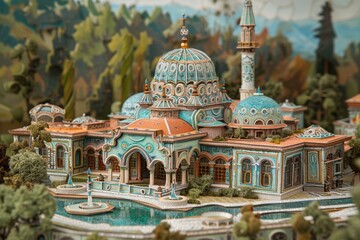 Aufkleber - A model of a building with a fountain in front of it. Suitable for architectural and urban design concepts