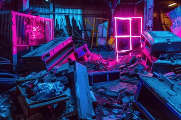 Poster - A neon sign surrounded by a pile of junk. Perfect for industrial concepts