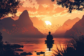 Aufkleber - A man sitting on a rock in the middle of a body of water. Ideal for nature and peaceful concept