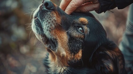 Poster - A close up image of a person petting a dog. Suitable for various pet-related designs