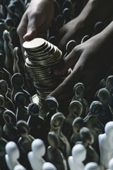 Wall Mural - A person holding a stack of coins in front of a pile of shoes, suitable for financial and shopping concepts