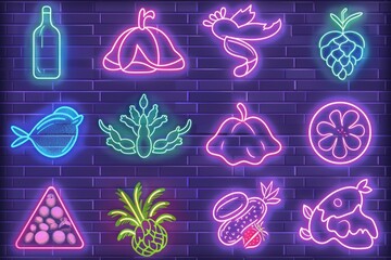 Poster - A vibrant collection of neon signs against a brick wall. Perfect for urban themes or nightlife concepts