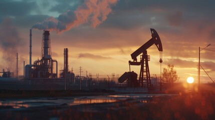 Aufkleber - Oil pump in front of factory at sunset. Suitable for industrial concepts