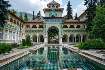 Poster - A building with a fountain in front of it. Suitable for architectural and urban design concepts