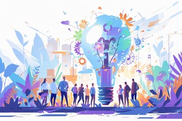 Wall Mural - A group of people stand around an oversized light bulb, with colorful ideas and thoughts flowing out.  Creative process within team or project. 