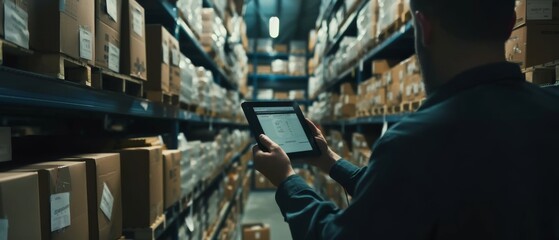 Poster - In the warehouse, an inventory manager uses a tablet computer to check shelf stock. Shelves are lined with cardboard boxes packed with goods ready for shipment.